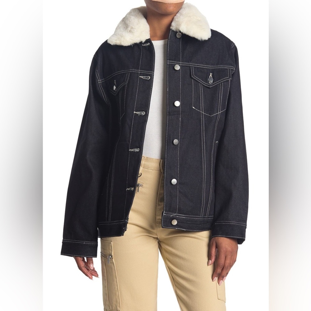 WeWoreWhat Blue Indigo Boyfriend Jacket with Faux Fur Sz S *New With Tags*